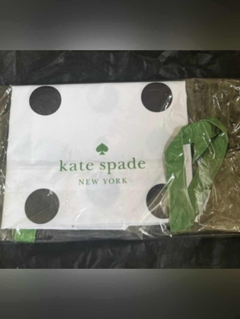 kate spade white tote with black polka dots and green logo